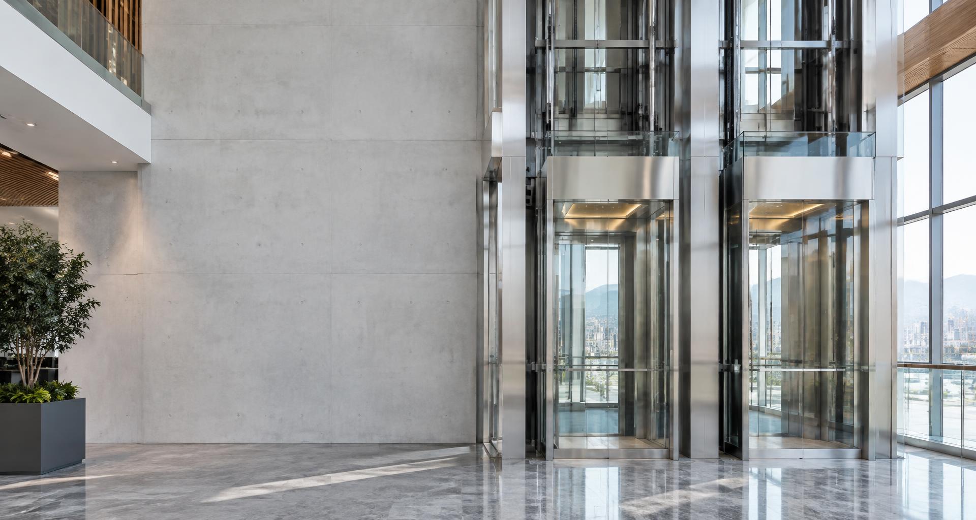 Ascensores panorámicos de cristal en un atrio corporativo contemporáneo
